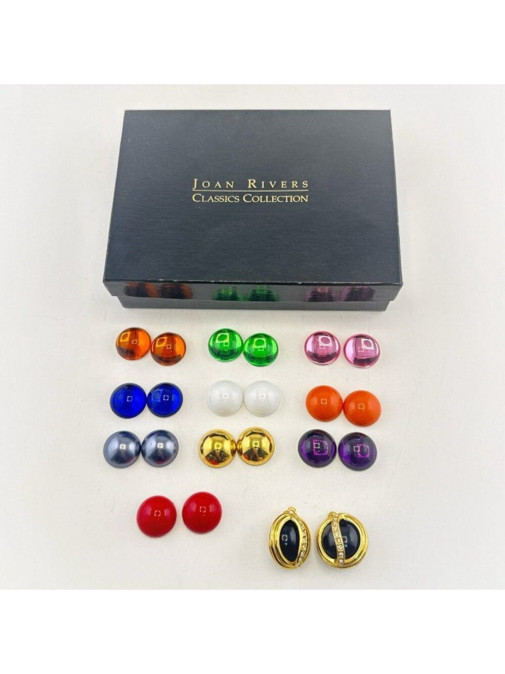 Joan Rivers Earrings Set Interchangeable 11 Colors Round CLIP ON Gold Rhinestone